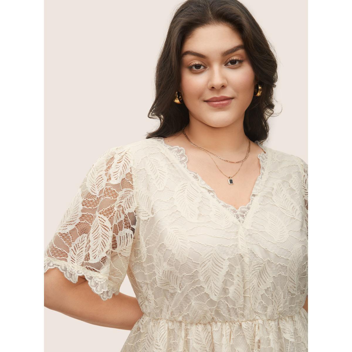 Plus Size Apricot Lace Panel Mesh Patchwork Elastic Waist Blouse Women Elegant Short sleeve V-neck Everyday Blouses BloomChic 10/M Product Image