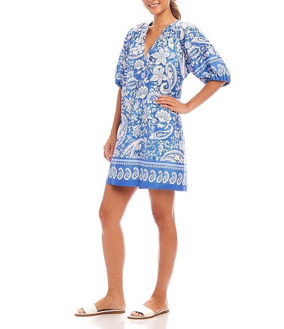 Karen Kane Petite Size Printed Split V-Neck Elbow Sleeve Peasant Dress Product Image