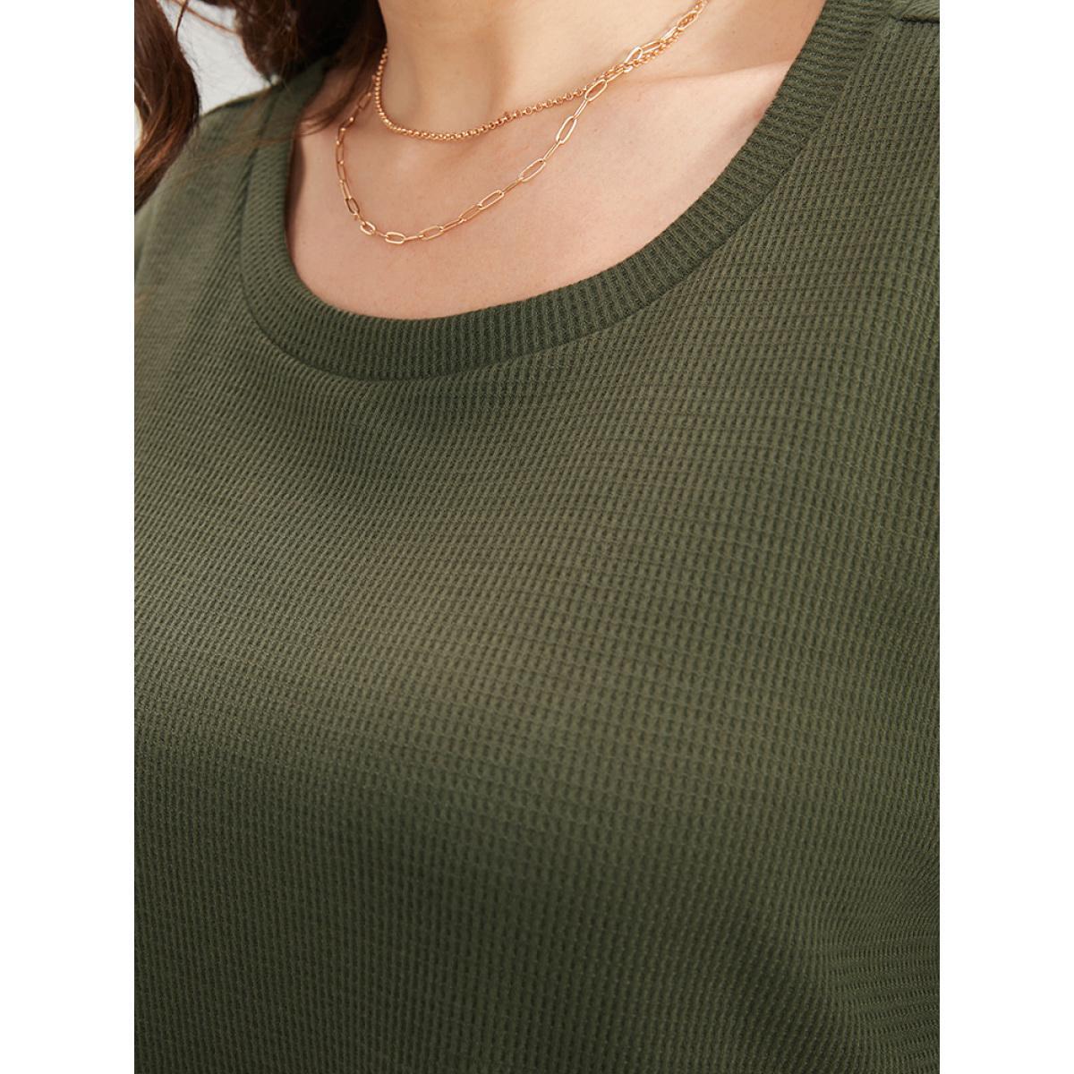 Plus Size Plain Round Neck Button Detail Waffle Knit Tee ArmyGreen Women Casual Button Plain Round Neck Dailywear T-shirts BloomChic 30/6X Product Image