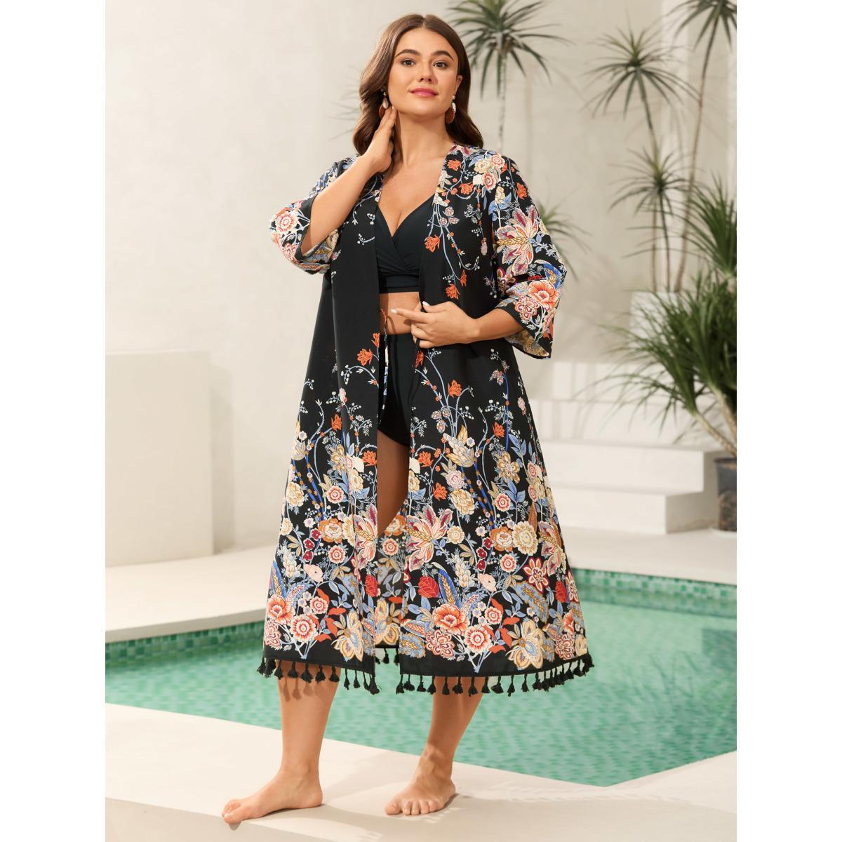 Plus Size Romantic Floral Print Vacation Kimono Cardigan Women Black Resort Tie knot Loose Vacation Kimonos BloomChic 14-16/1X Product Image