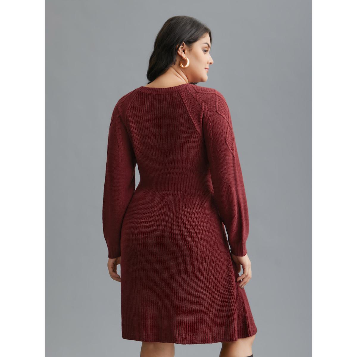 Plus Size Cable Knit Raglan Sleeve Midi Sweater Dress Burgundy Women Casual Bodycon Long Sleeve Everyday Sweater Dresses BloomChic 30/6X Product Image