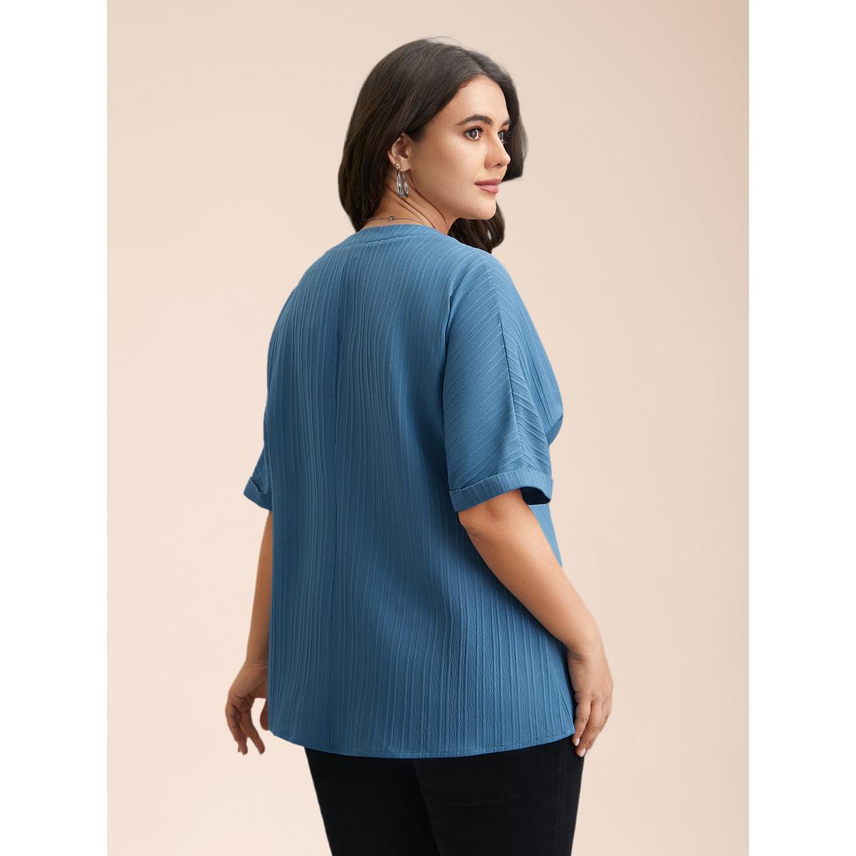 Plus Size Cerulean Notched Collar Textured Button Blouse Women Elegant Short sleeve V-neck Everyday Blouses BloomChic 14-16/1X Product Image