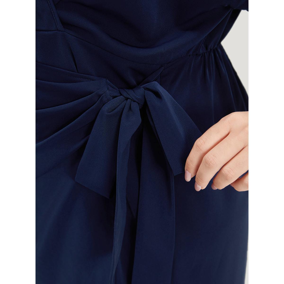 Plus Size Shirt Collar Split Hem Wrap Pocket Knot Gathered Dress DarkBlue Women Elegant Wrap Shirt collar Half Sleeve Curvy Midi Dress BloomChic 28/5X Product Image