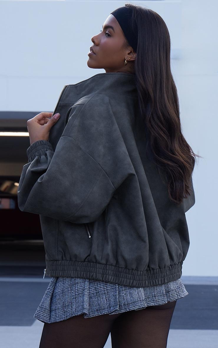 Charcoal Textured Faux Leather High Neck Bomer Jacket Product Image