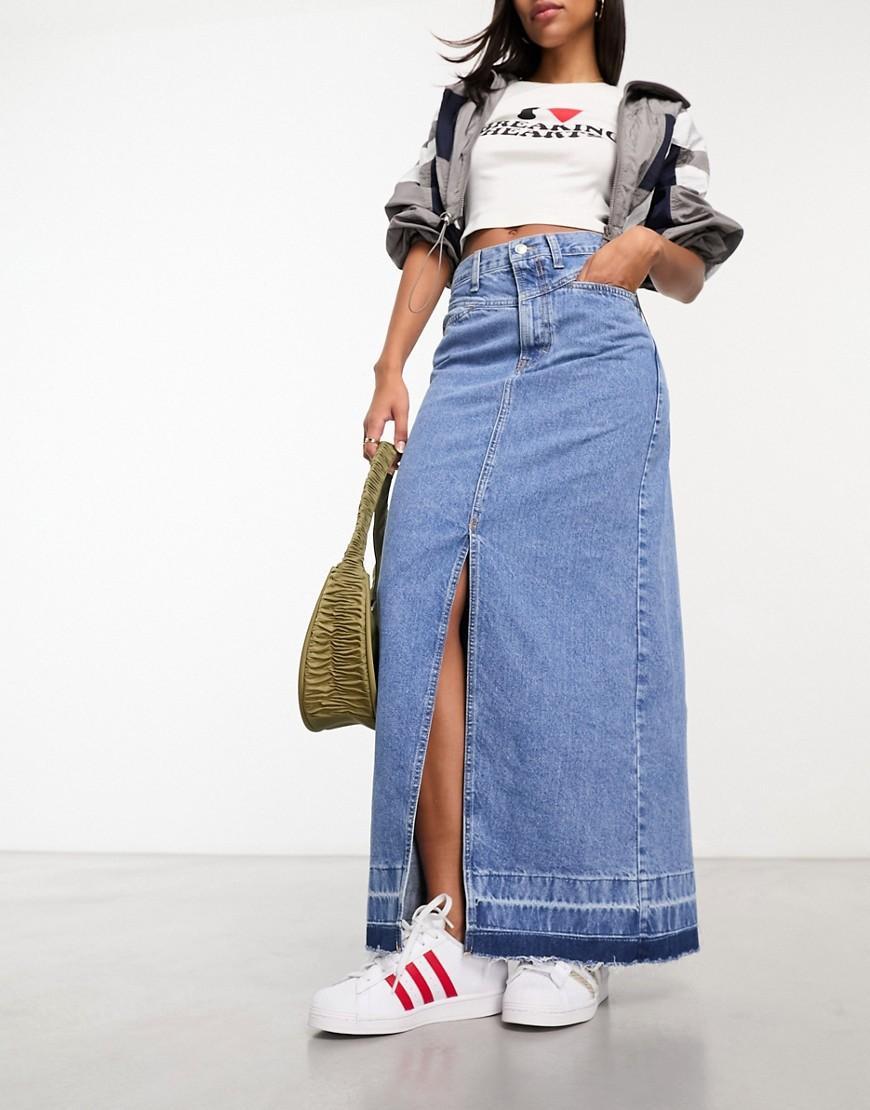Mango raw hem detail denim maxi skirt Product Image
