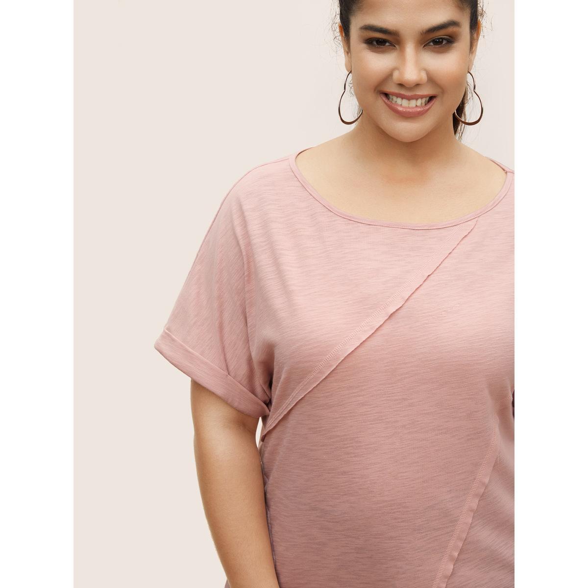 Plus Size Round Neck Patchwork Cuffed Sleeve T-shirt MistyRose Women Casual Patchwork Round Neck Everyday T-shirts BloomChic 28/5X Product Image