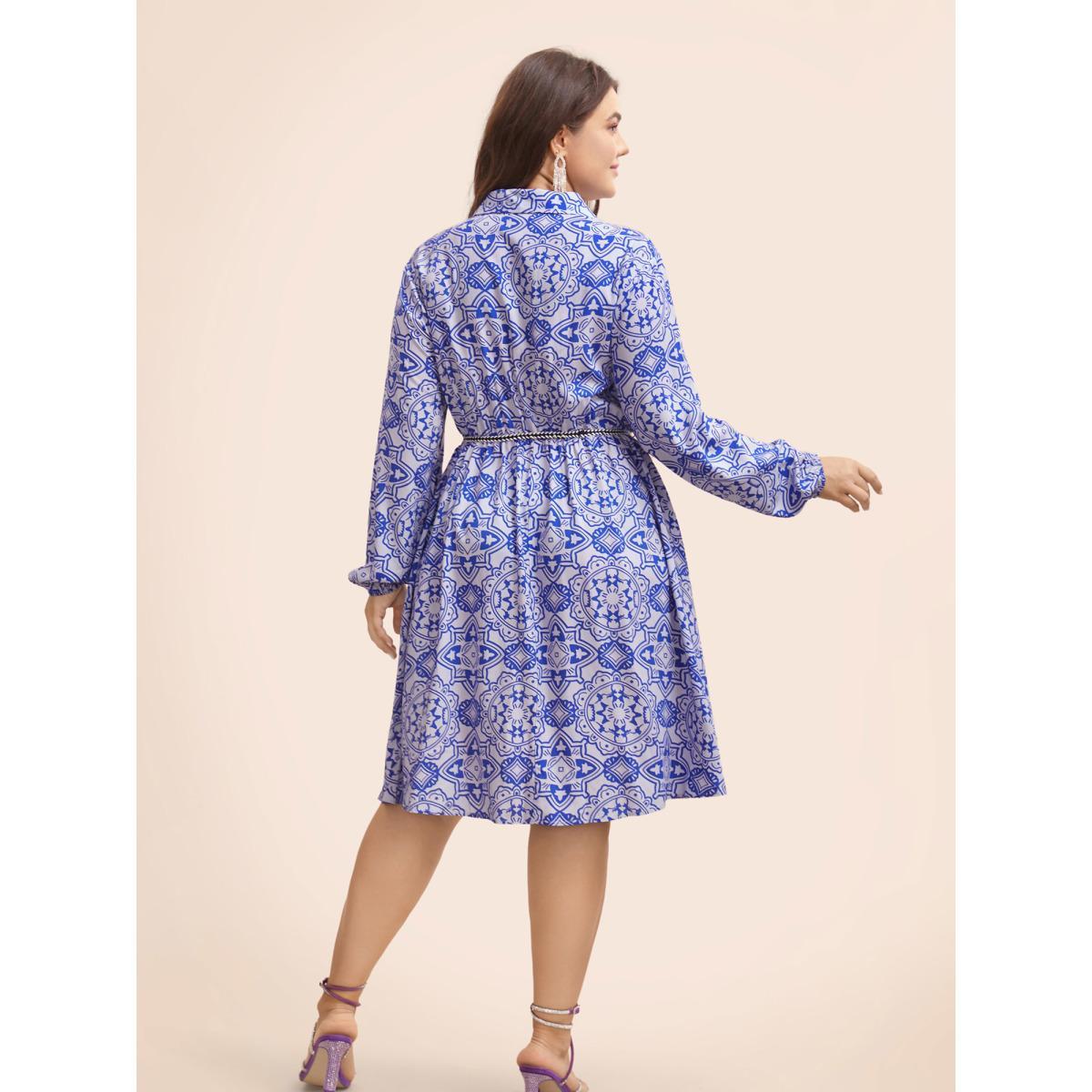 Plus Size Bandana Print Shirt Collar Belted Midi Dress Cerulean Women Cocktail Belted Shirt collar Long Sleeve Curvy BloomChic 26/4X Product Image