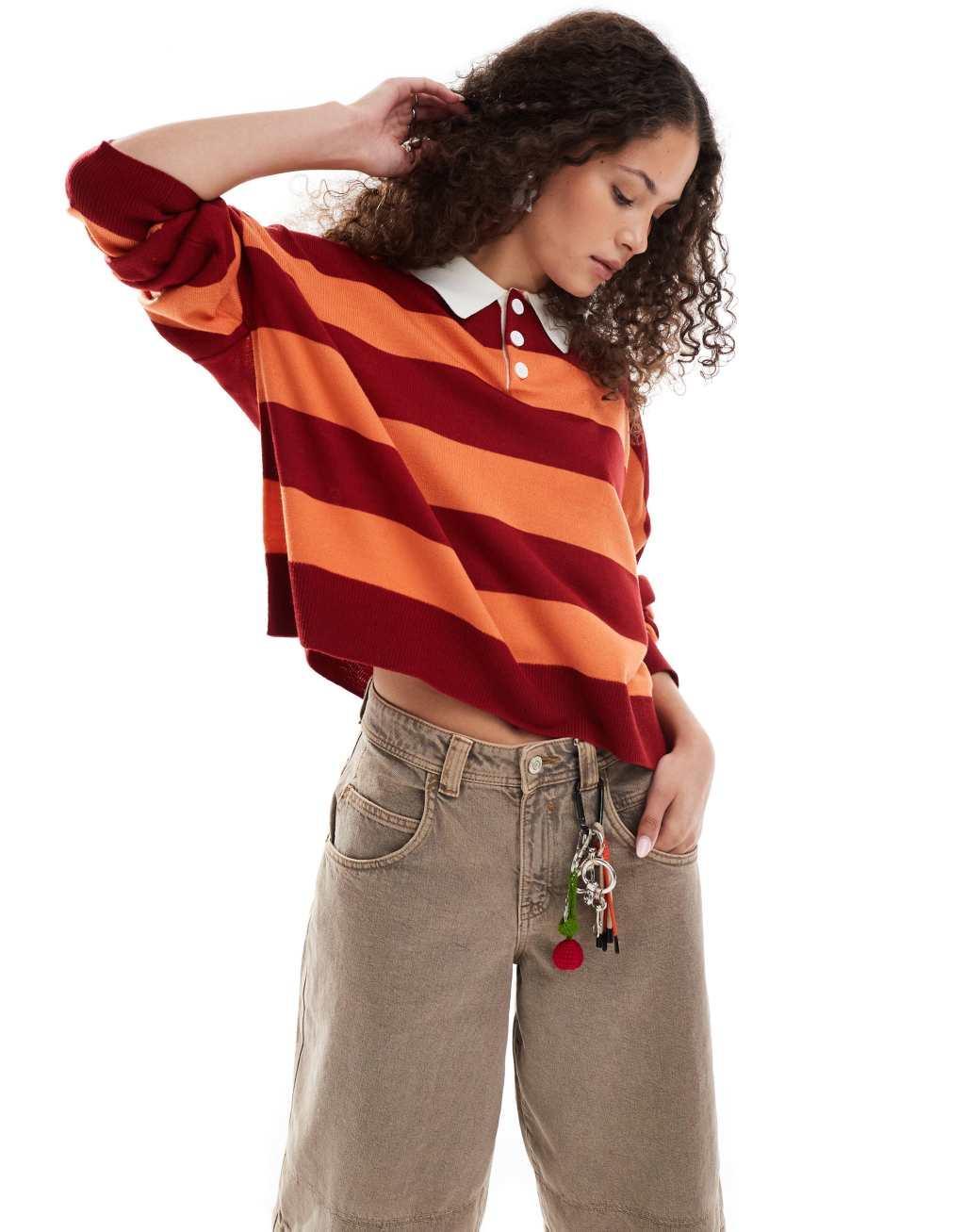 COLLUSION polo stripe sweater with rugby collar in red stripe Product Image