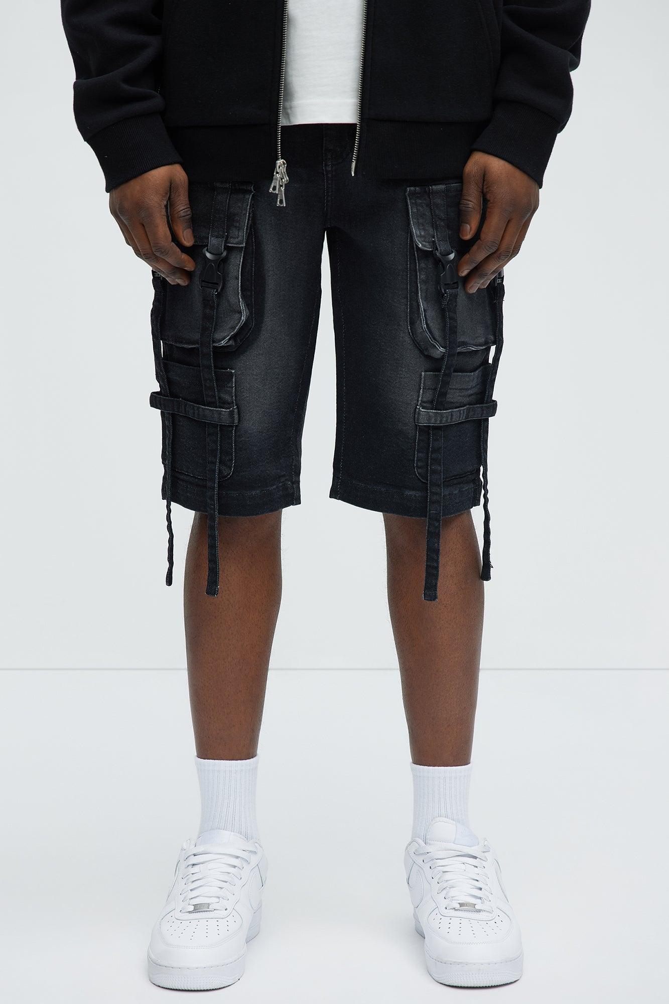 Buckle Down Strapped Relaxed Denim Shorts - Black Product Image