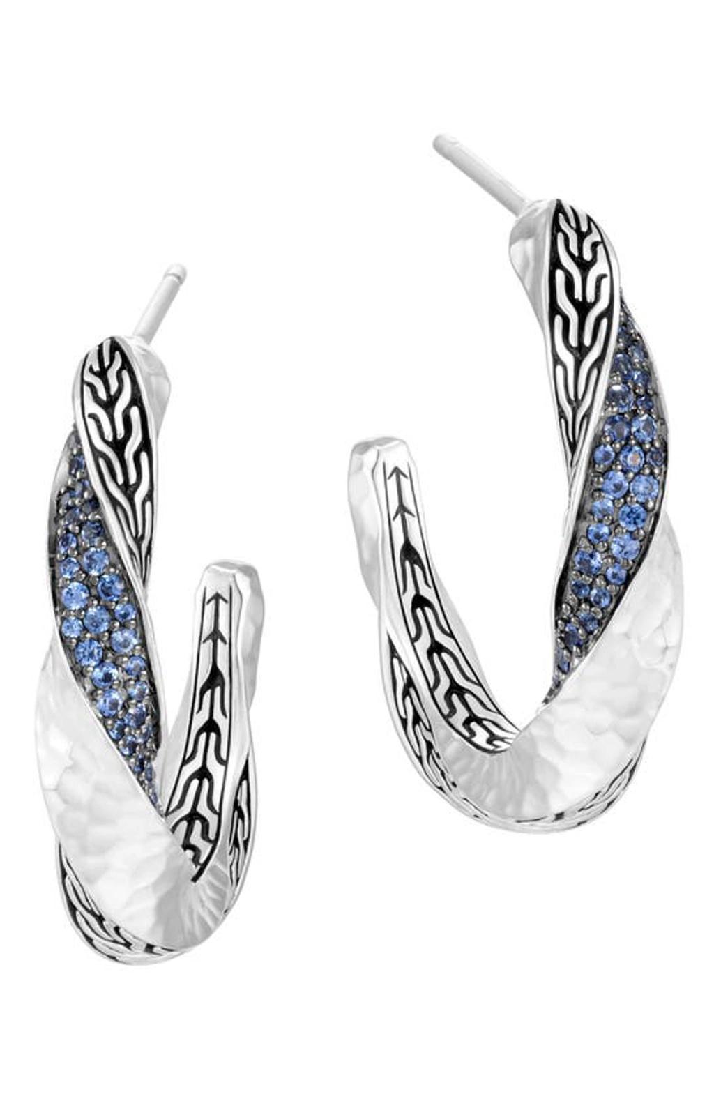 JOHN HARDY Sterling Silver Classic Chain Blue Sapphire Twisted Hammered Hoop Earrings Product Image
