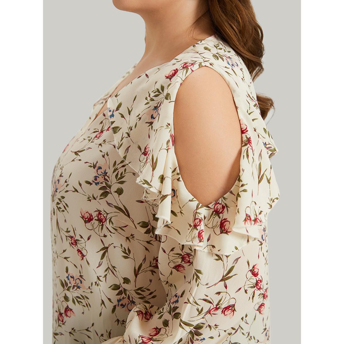 Plus Size Ivory Ditsy Floral Cold Shoulder Ties Ruffle Trim Blouse Women Elegant Long Sleeve V-neck Dailywear Blouses BloomChic 18-20/2X Product Image