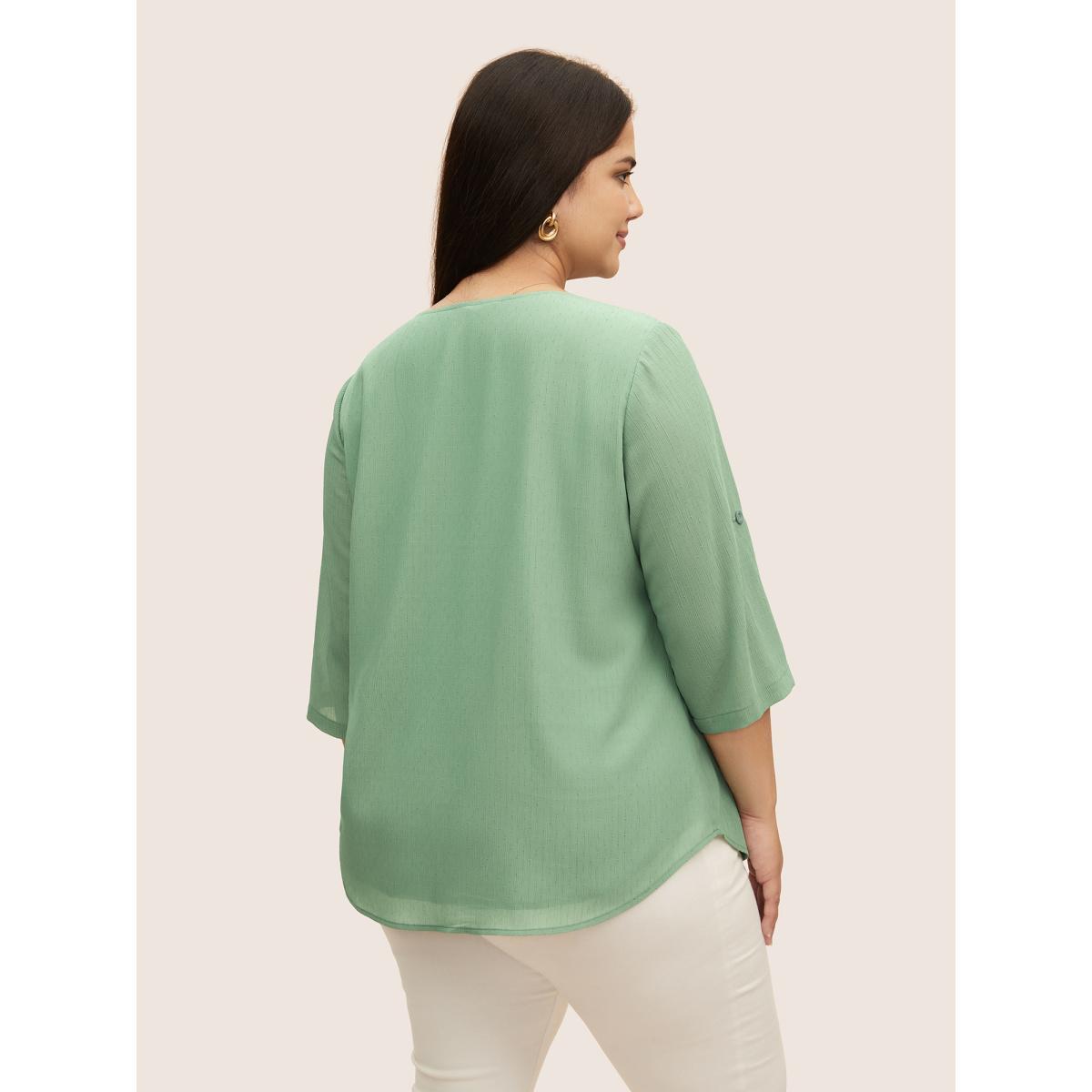 Plus Size Mint V Neck Plain Pleated Tab Sleeve Blouse Women Work From Home Elbow-length sleeve V-neck Work Blouses BloomChic 12/L Product Image