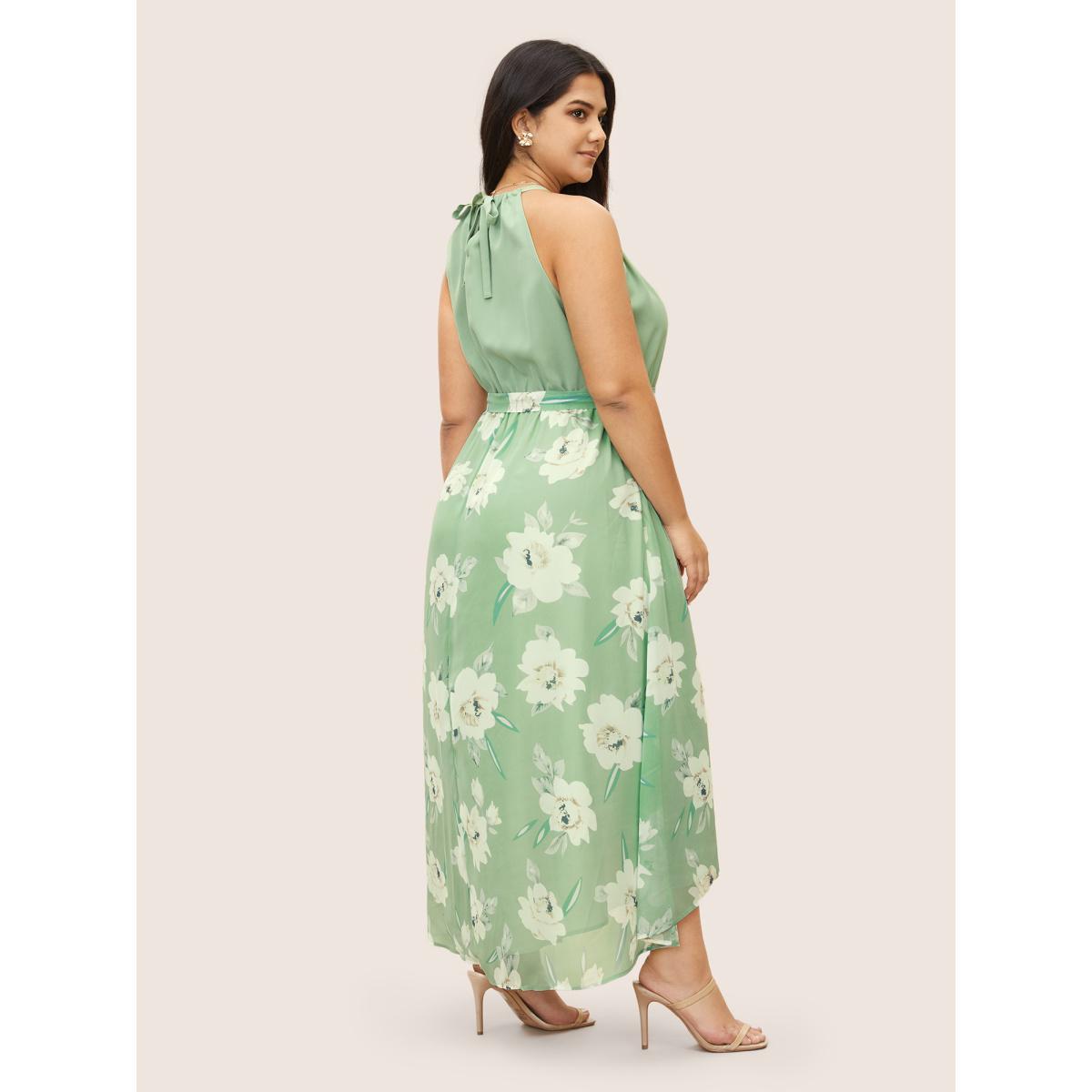 Plus Size Floral Patchwork Halter Ties High Low Hem Dress Palemauve Women Elegant Non Halter neck Sleeveless Curvy Midi Dress BloomChic 10/M Product Image