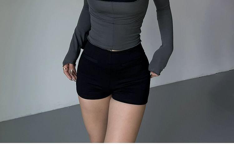 Set: Long-Sleeve Scoop Neck Plain T-Shirt + Sports Bra Top Product Image