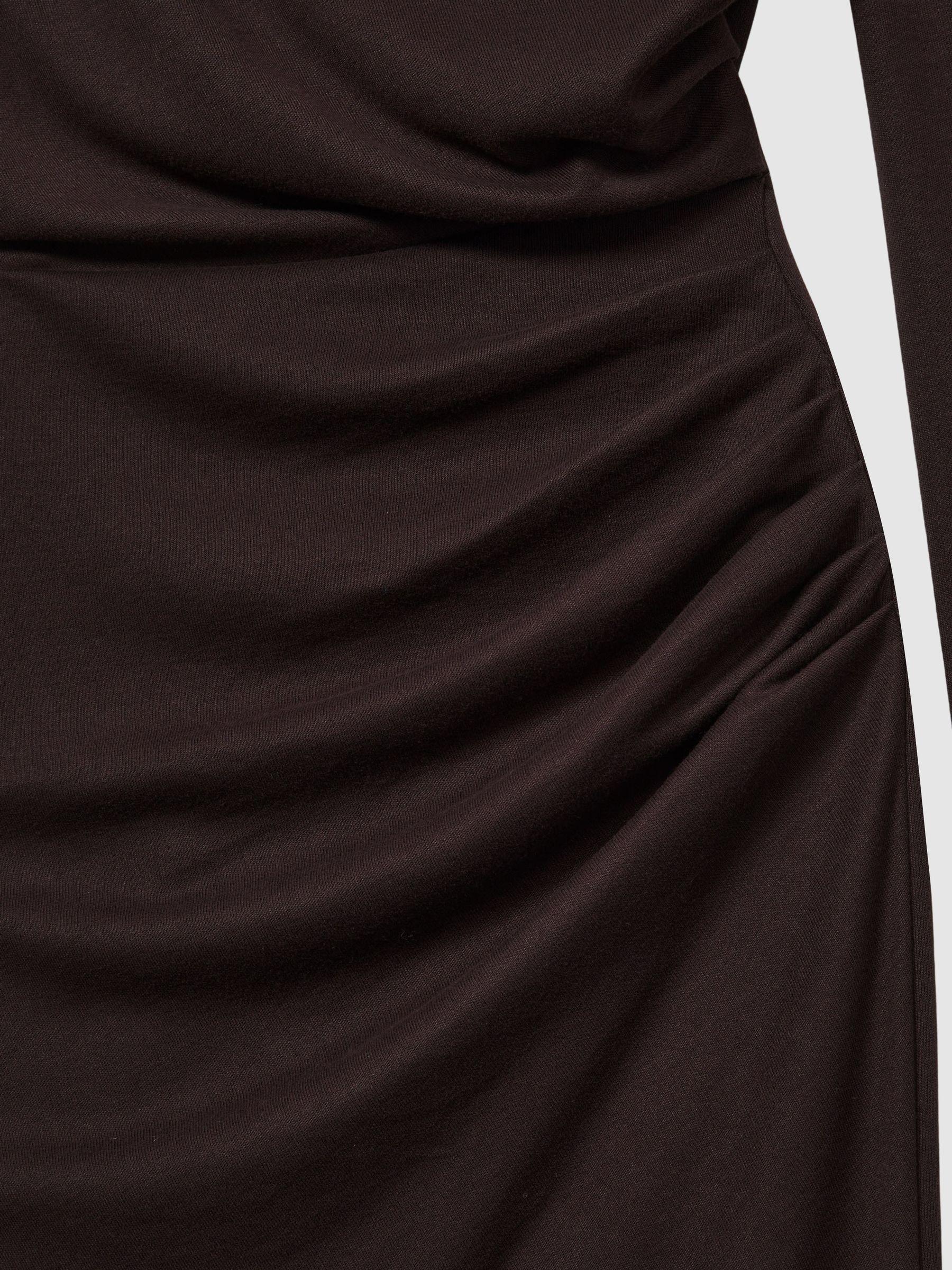 Off-The-Shoulder Ruched Jersey Midi Dress in Brown Product Image