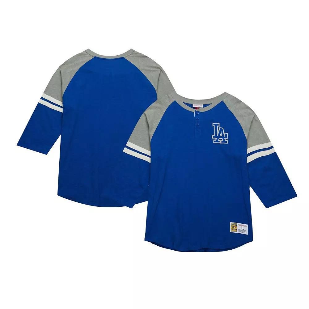 Men's Mitchell & Ness Royal Los Angeles Dodgers Cooperstown Collection Legendary Raglan Slub Henley 3/4-Sleeve T-Shirt, Size: Large, Blue Product Image