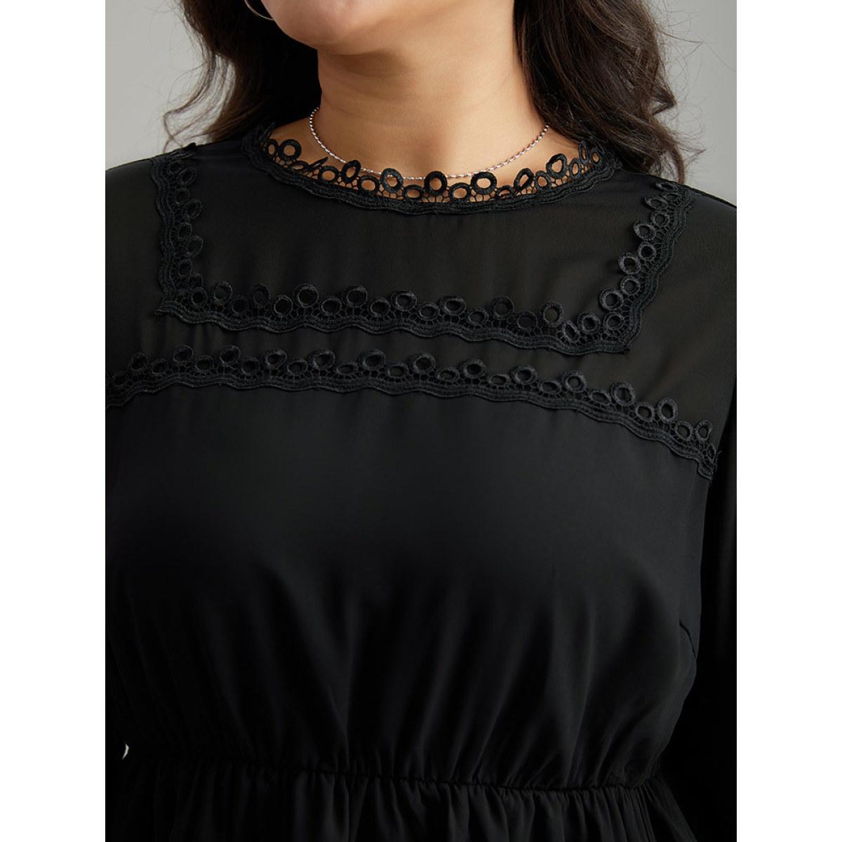 Plus Size Black Plain Ruffles Elastic Waist Lace Patchwork Blouse Women Office Long Sleeve Stand-up collar Work Blouses BloomChic 14-16/1X Product Image