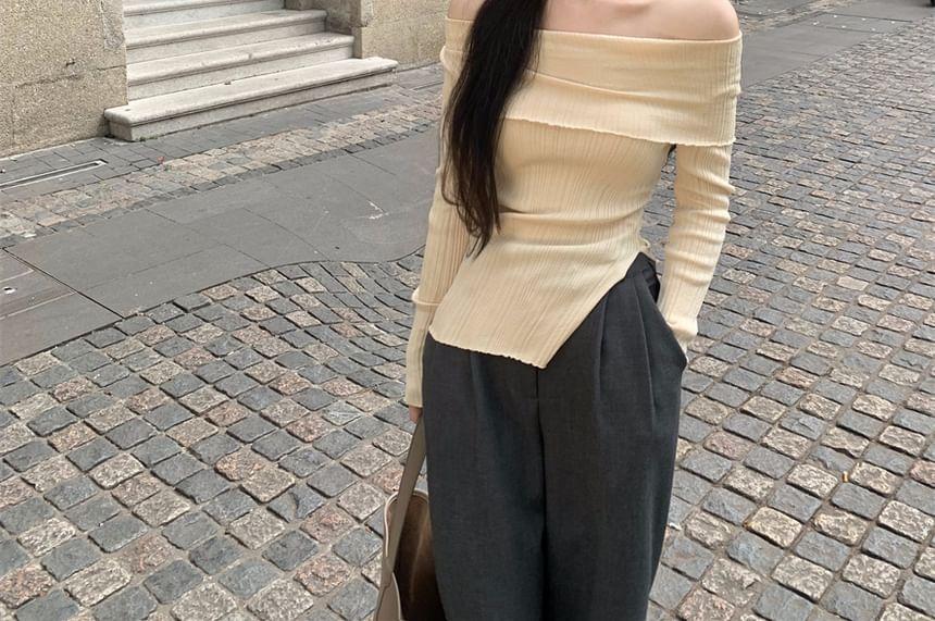 Off-Shoulder Long-Sleeve Asymmetrical Plain Ribbed Knit Top Product Image