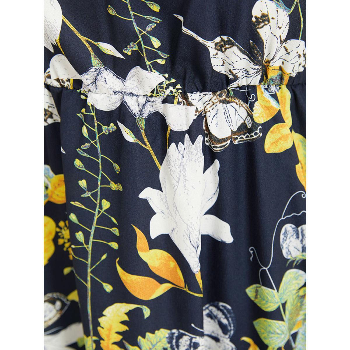 Plus Size Floral Print Pocket Sleeveless Ruffle Hem Dress DarkBlue Women Vacation Gathered Round Neck Sleeveless Curvy Midi Dress BloomChic 30/6X Product Image