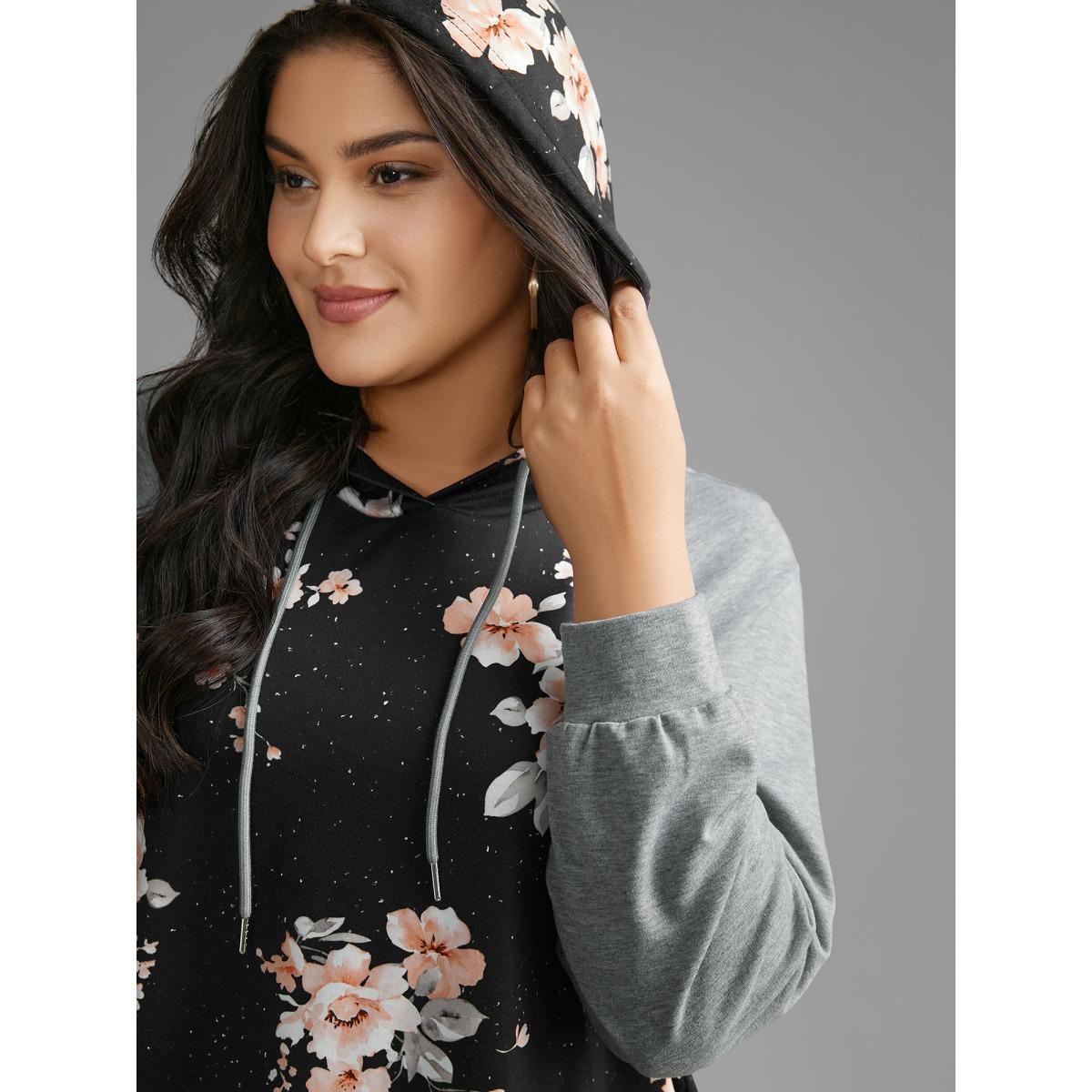Plus Size Floral Patchwork Hooded Drawstring Sweatshirt Women DarkGray Casual Contrast Hooded Everyday Sweatshirts BloomChic 30/6X Product Image