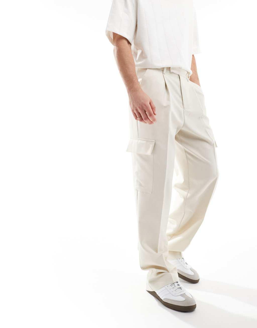 ASOS DESIGN smart wide leg cargo pants in ecru microtexture Product Image