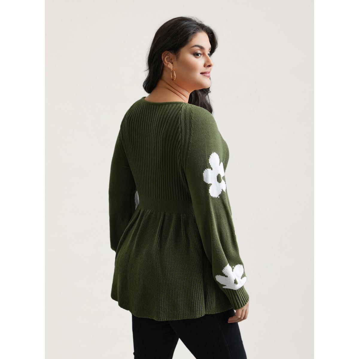 Plus Size Floral Patch Jacquard Cinched Waist Pullover ArmyGreen Women Elegant Bodycon Long Sleeve Square Neck Everyday Pullovers BloomChic 12/L Product Image