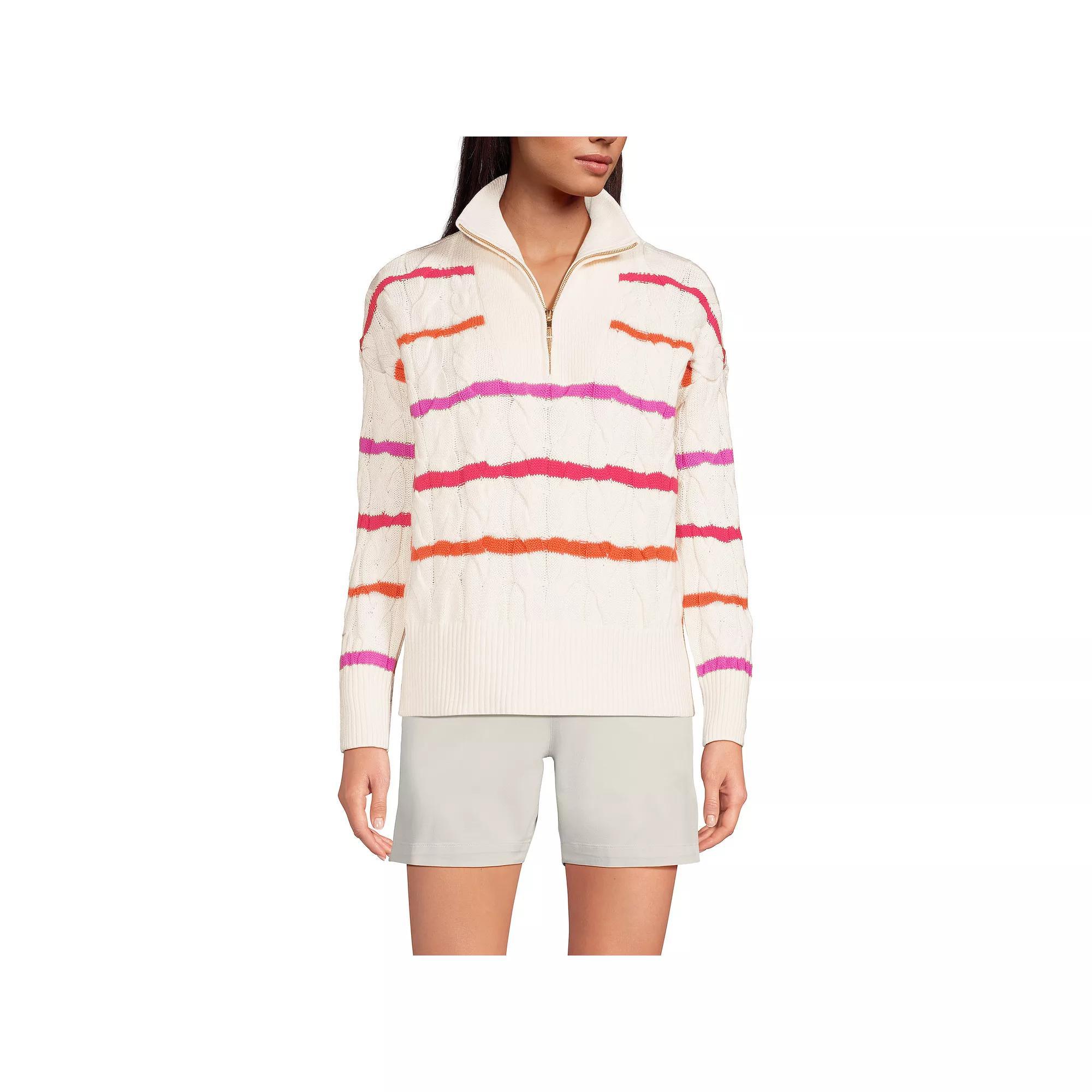 Women's Lands' End Drifter Cable Quarter Zip Sweater, Size: XL, Fresh Ivory Stripe Product Image