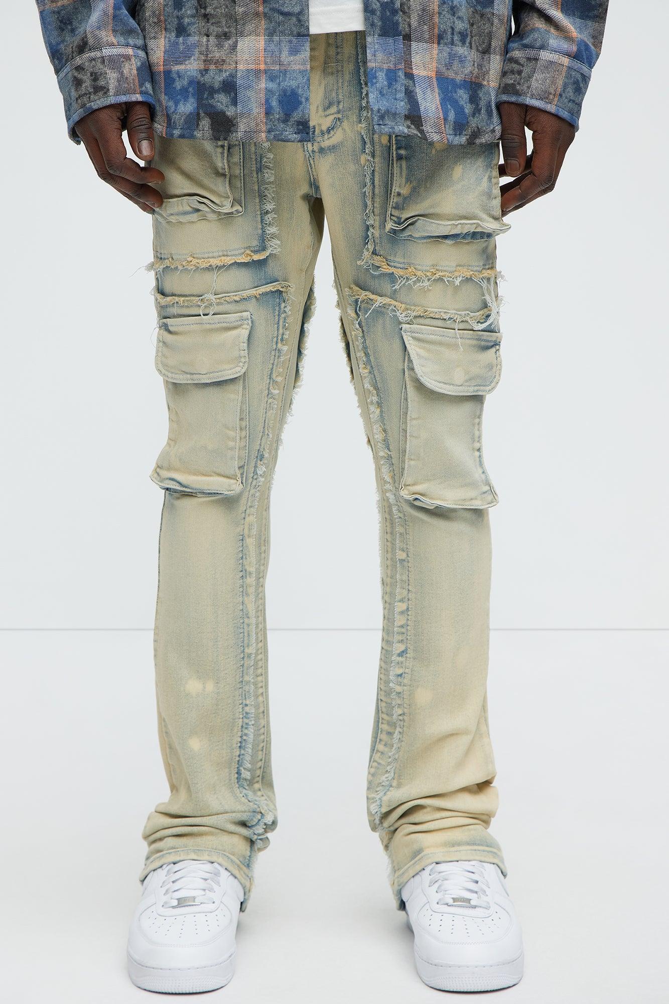 Stacked Skinny Flare Fray With Cargo Jeans - Light Wash Product Image