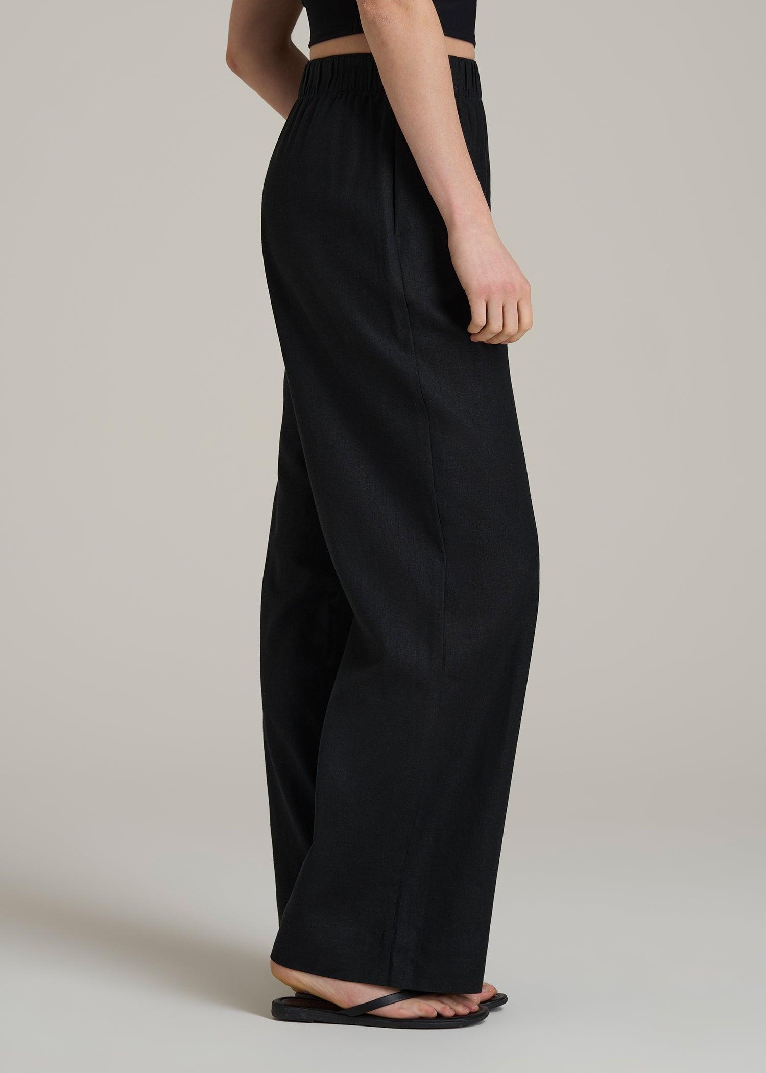 Pull On Wide Leg Linen Pants for Tall Women in Black Product Image