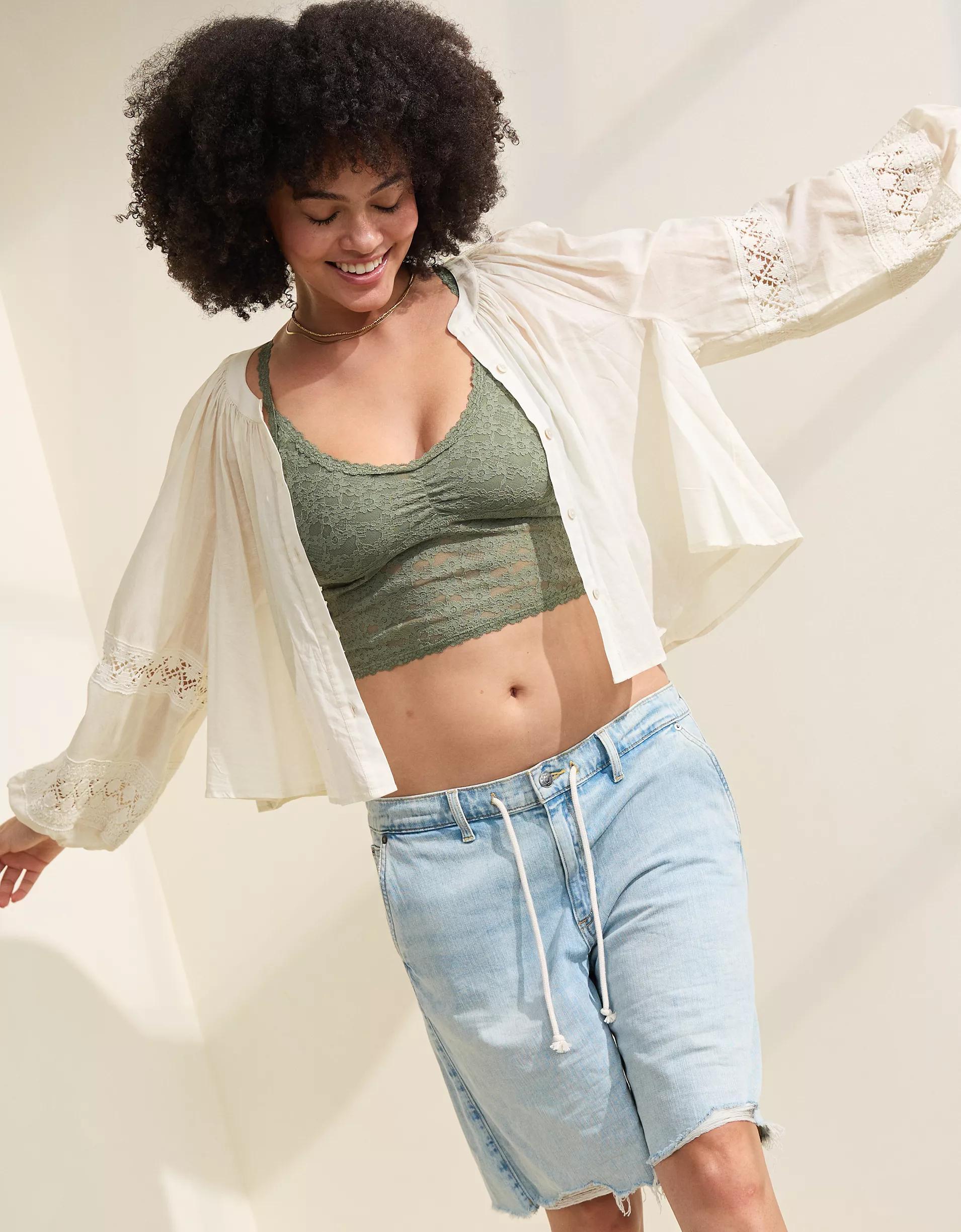 Aerie Long Sleeve Crochet Button Down Shirt Product Image