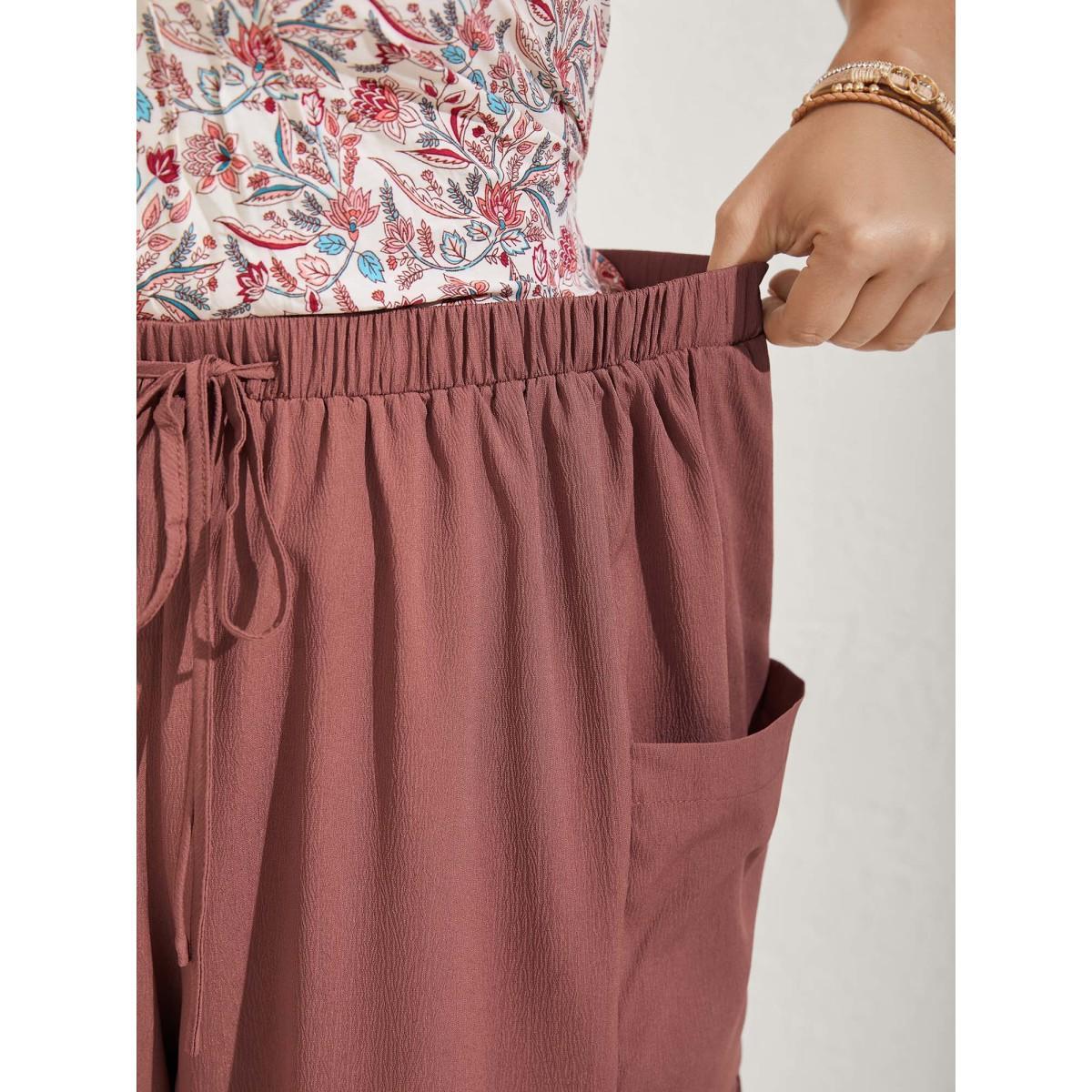 Plus Size Stretchy Pockets Waist-Tie Straight Pants Women Rust Resort Bodycon Mid Rise Vacation Pants BloomChic 12/L Product Image