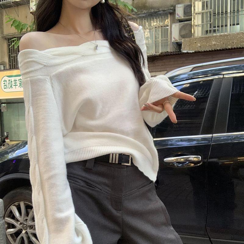 Long Sleeve Off Shoulder Plain Cable Knit Top Product Image