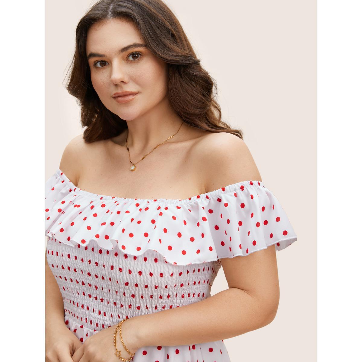 Plus Size Off Shoulder Polka Dot Shirred Ruffles Dress Originalwhite Women Elegant Shirred One-shoulder neck Short sleeve Curvy BloomChic 10/M Product Image