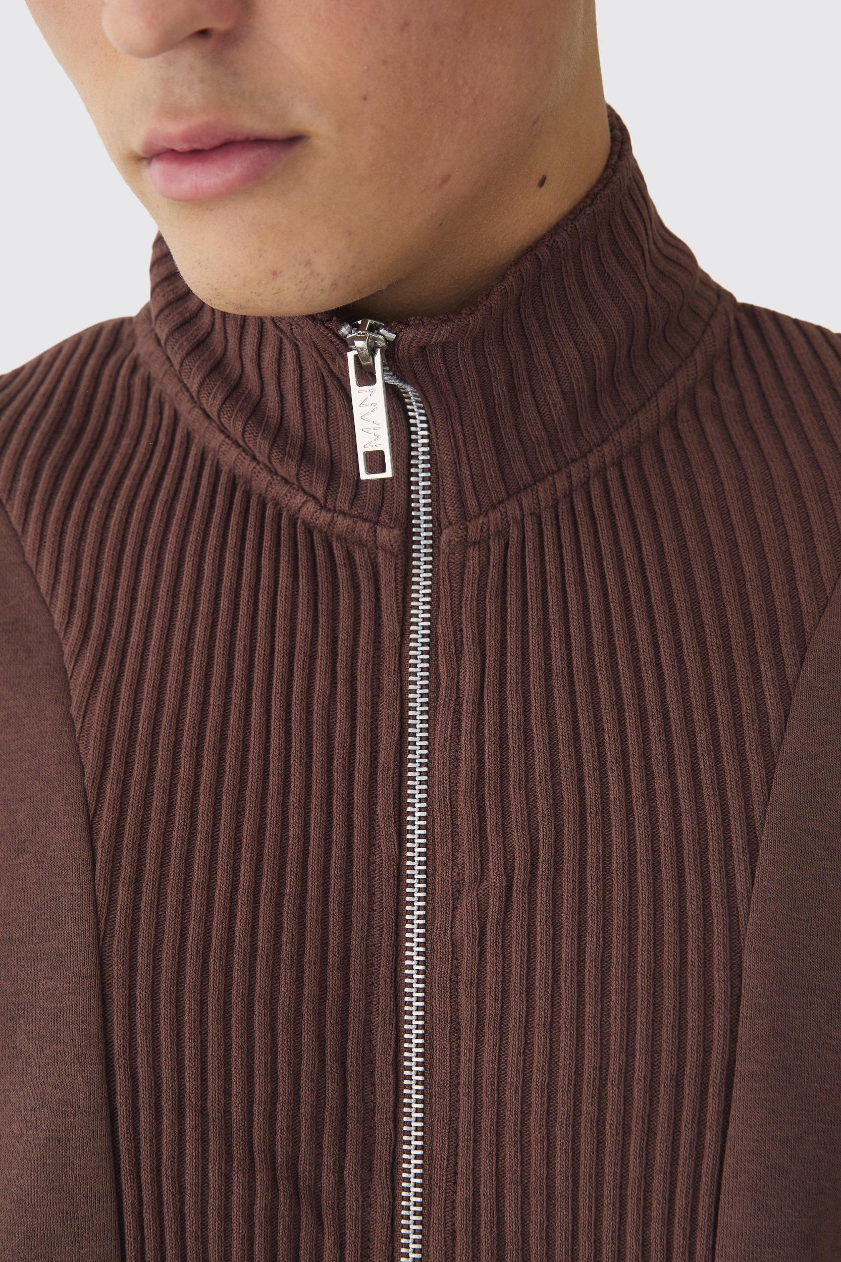 Oversized Funnel Neck Zip Through Thick Rib Sweat | boohooMAN USA Product Image