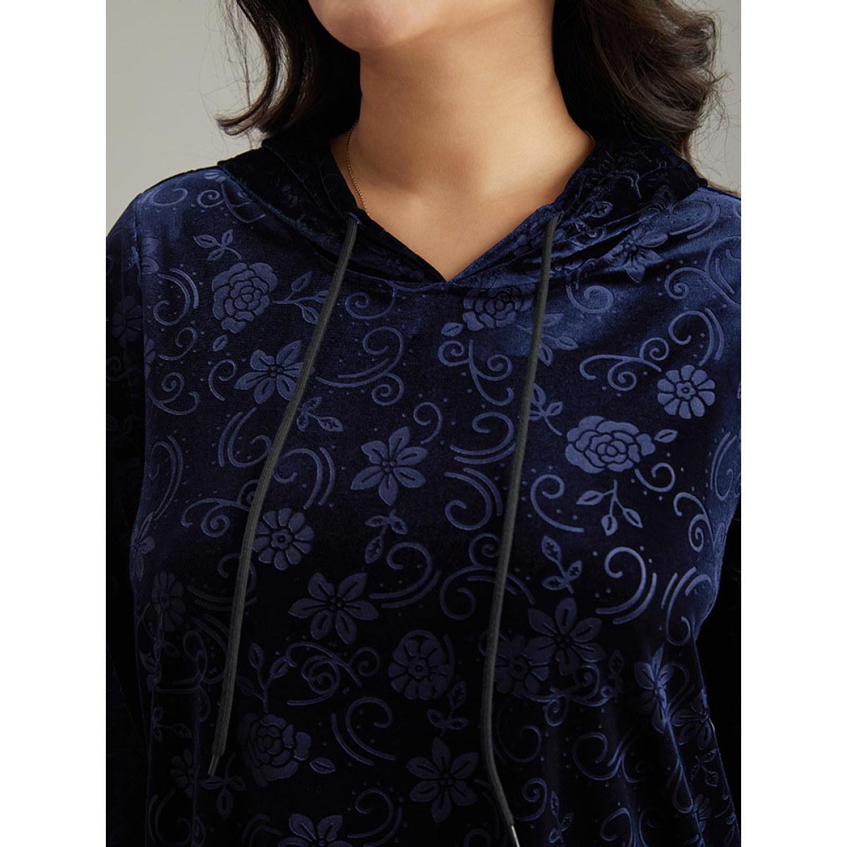 Plus Size Velvet Solid Floral Hooded Drawstring Sweatshirt Women Navy Elegant Elastic cuffs Hooded Dailywear Sweatshirts BloomChic 12/L Product Image