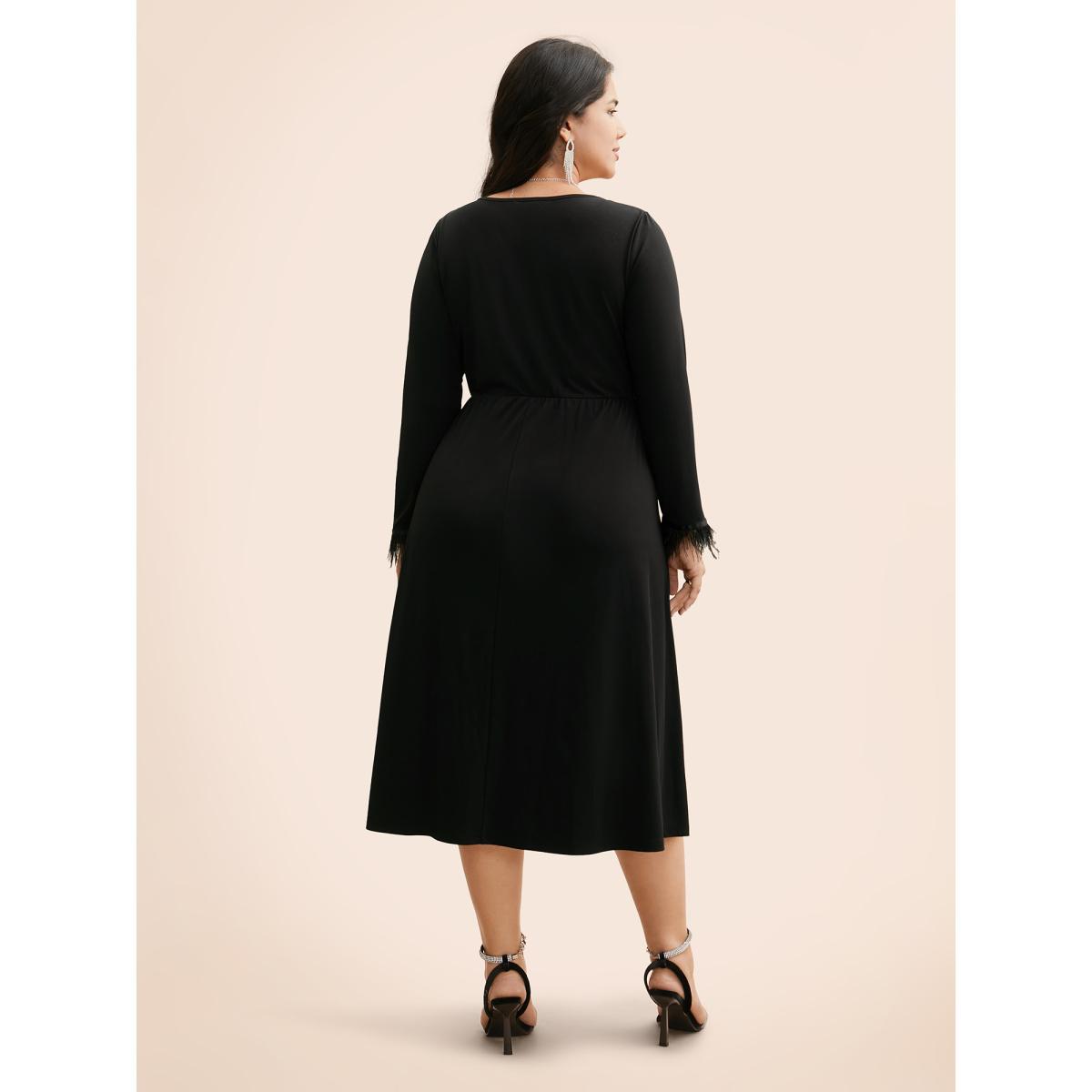 Plus Size V Neck Patchwork Fuzzy Trim Dress Black Women Cocktail Tassels Party Curvy Bloomchic 30/6X Product Image