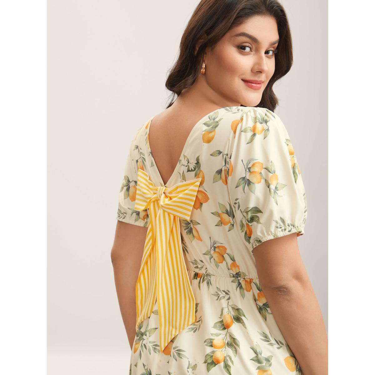 Plus Size Citrus Print Bow Backless Midi Dress Apricot Women Boat Neck Short sleeve Curvy BloomChic 26/4X Product Image