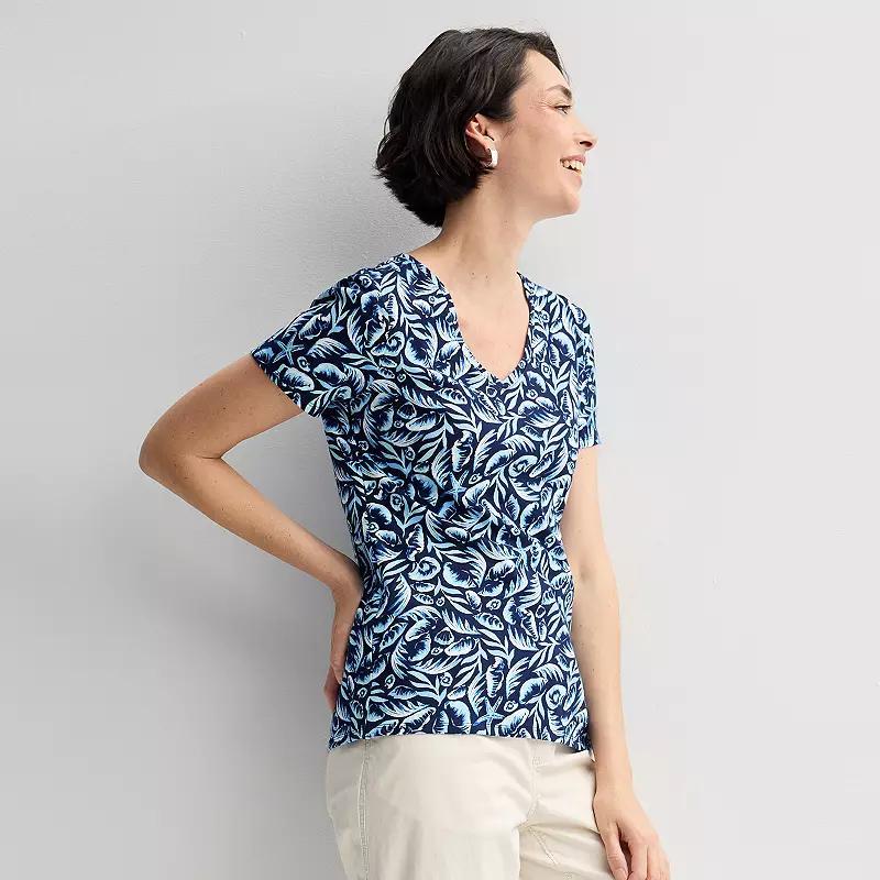 Women's Croft & Barrow® Essential V-Neck Tee, Size: Medium, Blue Tropical Palm Product Image