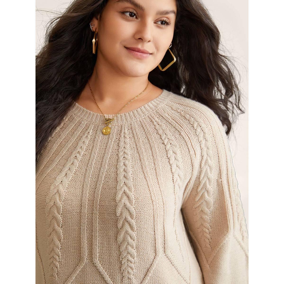 Plus Size Solid Textured Lantern Sleeve Pullover Tan Women Basics Long Sleeve Round Neck Everyday Pullovers BloomChic 30/6X Product Image