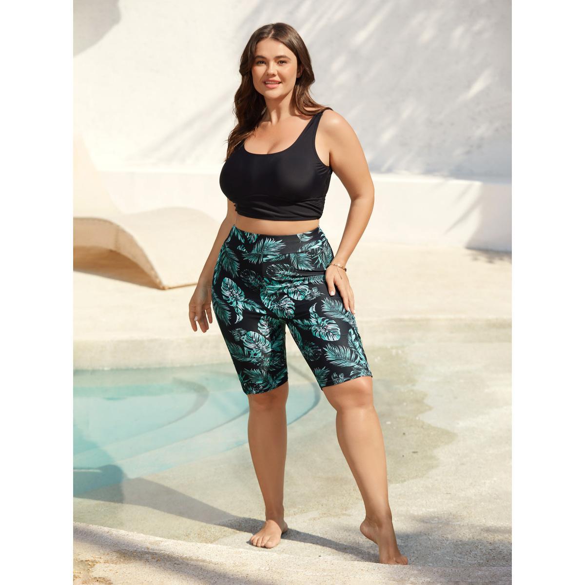 Plus Size Tropical Leaf Print Pocket Swim Bottoms Women's Swimwear Black Beach High stretch Skinny High Rise Side seam pocket Curve Swim Bottoms BloomChic 26/4X Product Image
