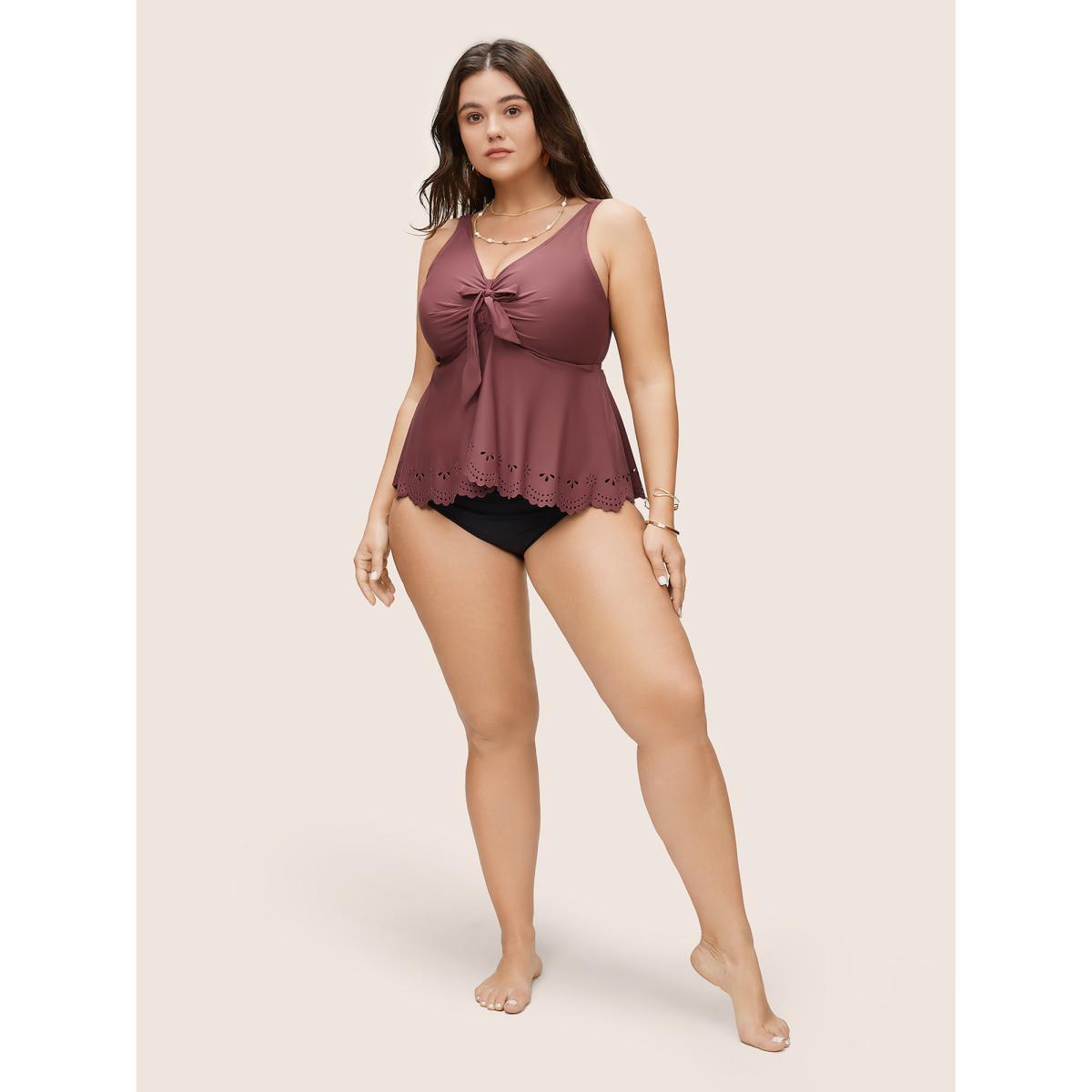 Plus Size Bowknot Front Laser Cut Scalloped Trim Swim Top Women's Swimwear Russet Beach Lined High stretch Bodycon V-neck Curve Swim Tops BloomChic 26/4X Product Image