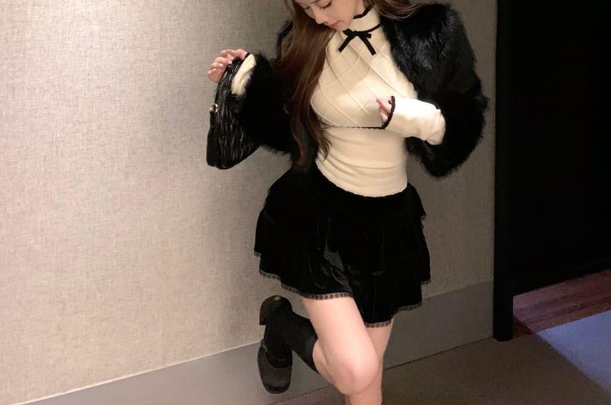 Plain Fluffy Crop Jacket / Long-Sleeve Mock Neck Bow Accent Contrast Trim Knit Top / High Rise Lace Trim Velvet Mini A-Line Skirt Product Image
