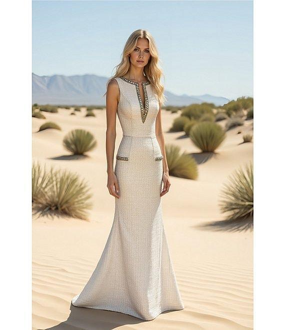 Terani Couture Embellished Boat Neck Sleeveless Tweed Column Gown Product Image