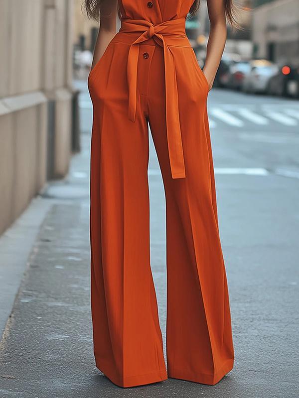 High Waisted Sleeveless Buttoned Pockets Tied Waist Lapel Jumpsuits Product Image