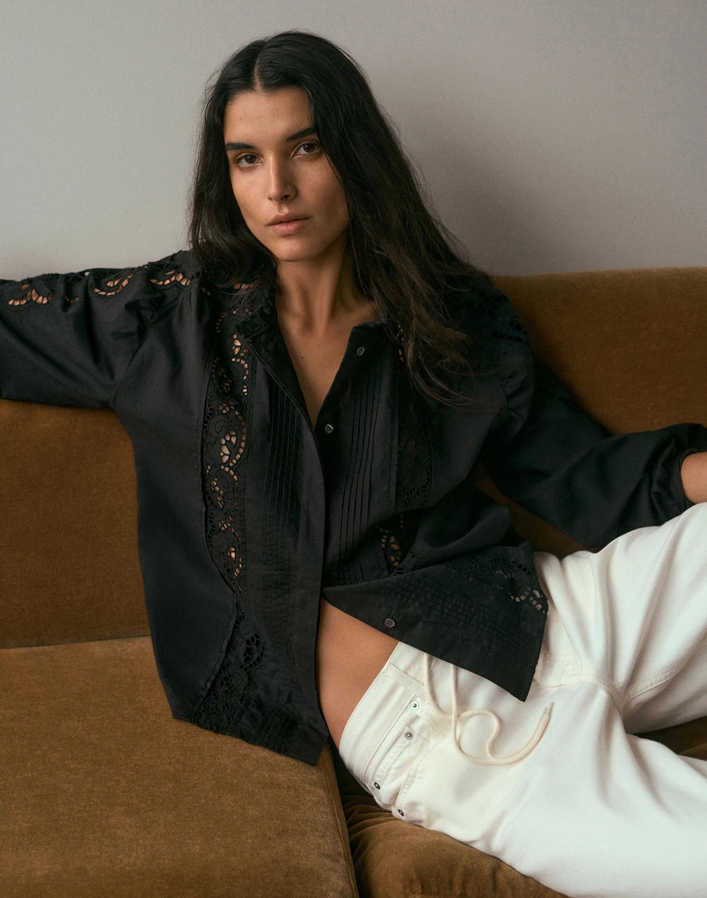 Lace-Inset Pintucked Button-Up Top Product Image