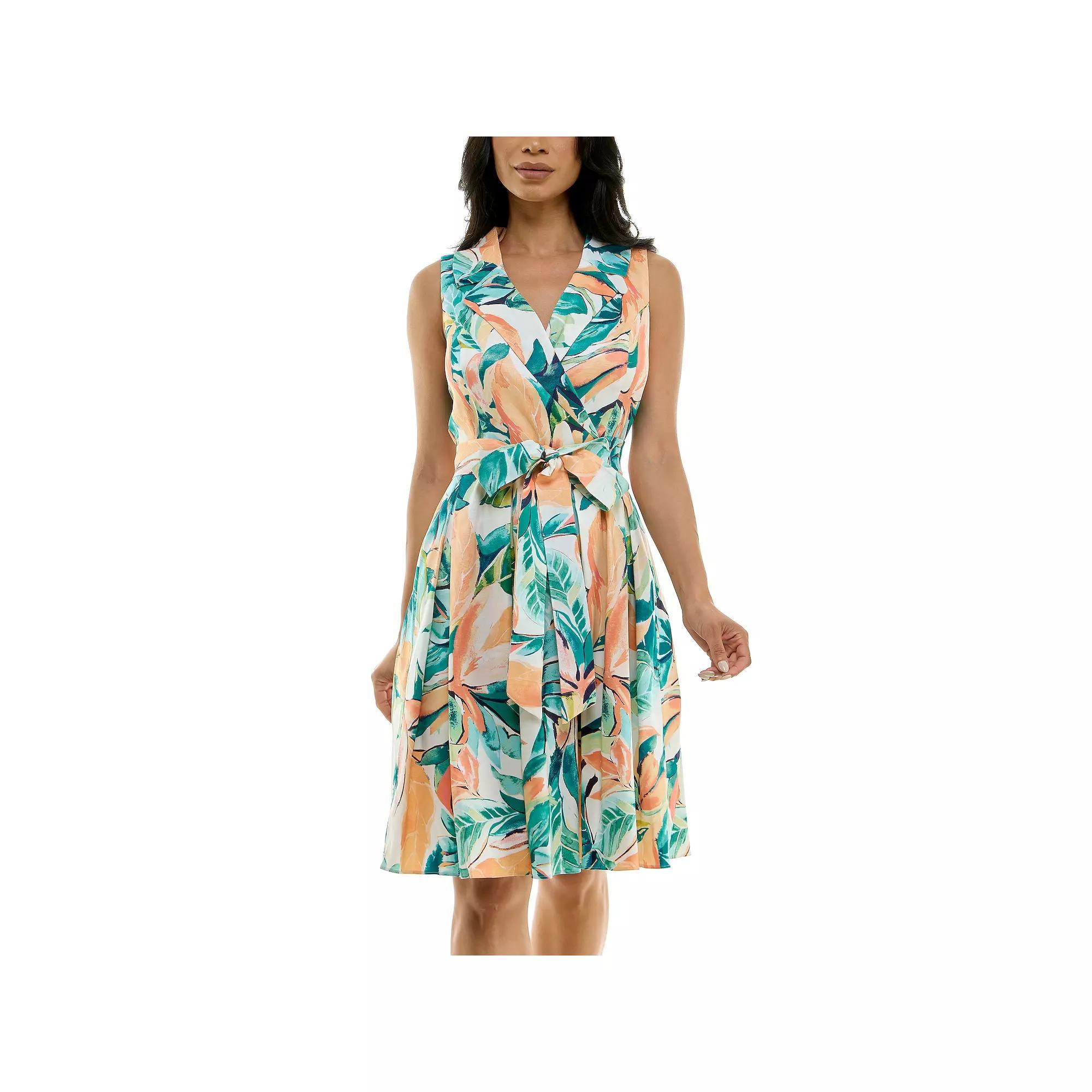 Women's Nina Leonard Floral Print Tie Waist Collared Sleeveless Fit & Flare Dress, Size: 14, Pink Team Product Image