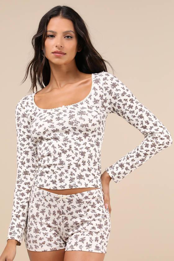 Ritulia Cream Floral Ribbed Low-Rise Micro Shorts Product Image
