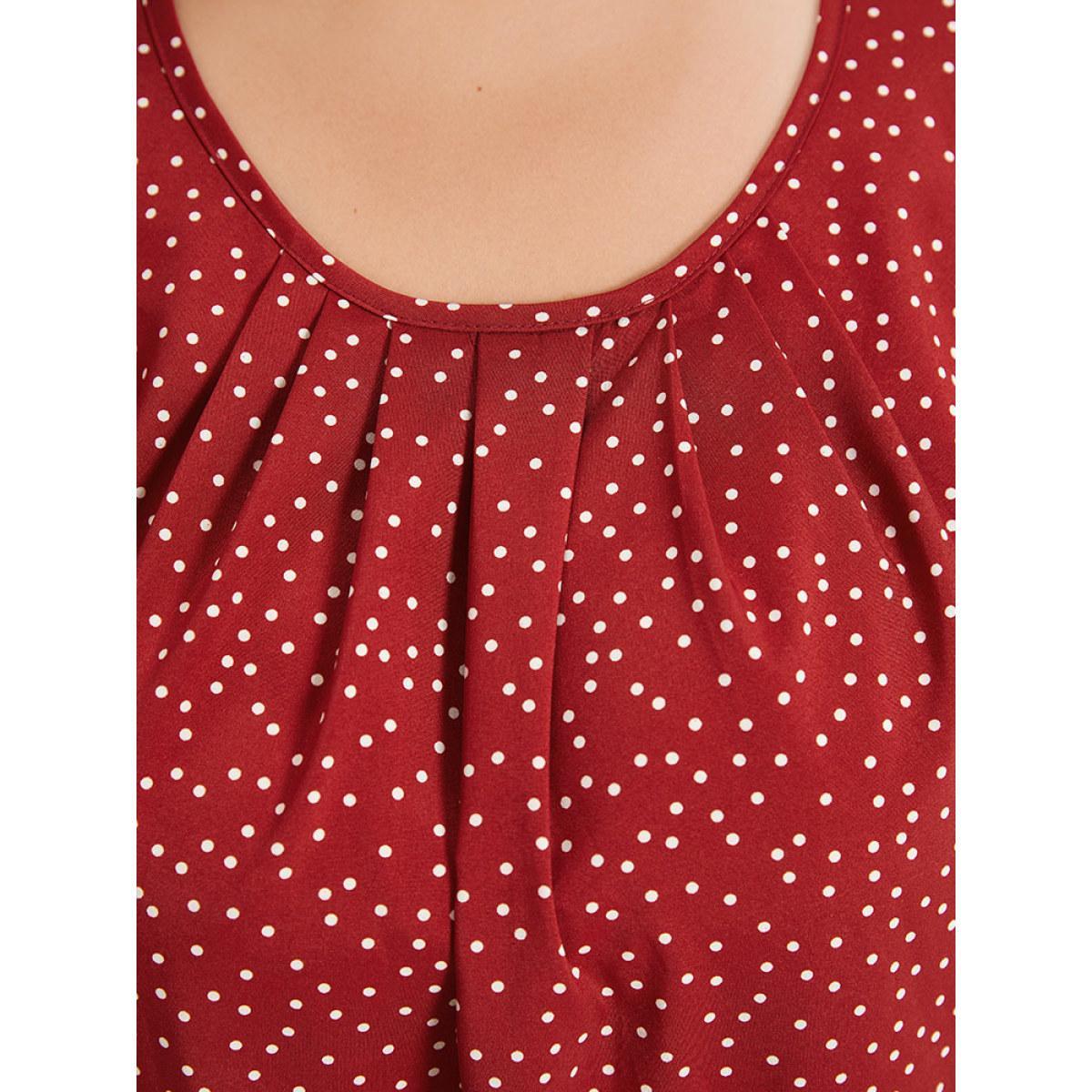 Plus Size Polka Dot Elastic Waist Plicated Detail Ruffle Sleeve Bodysuit Women Red Polka Dot Pleated Bodysuits BloomChic 22-24/3X Product Image