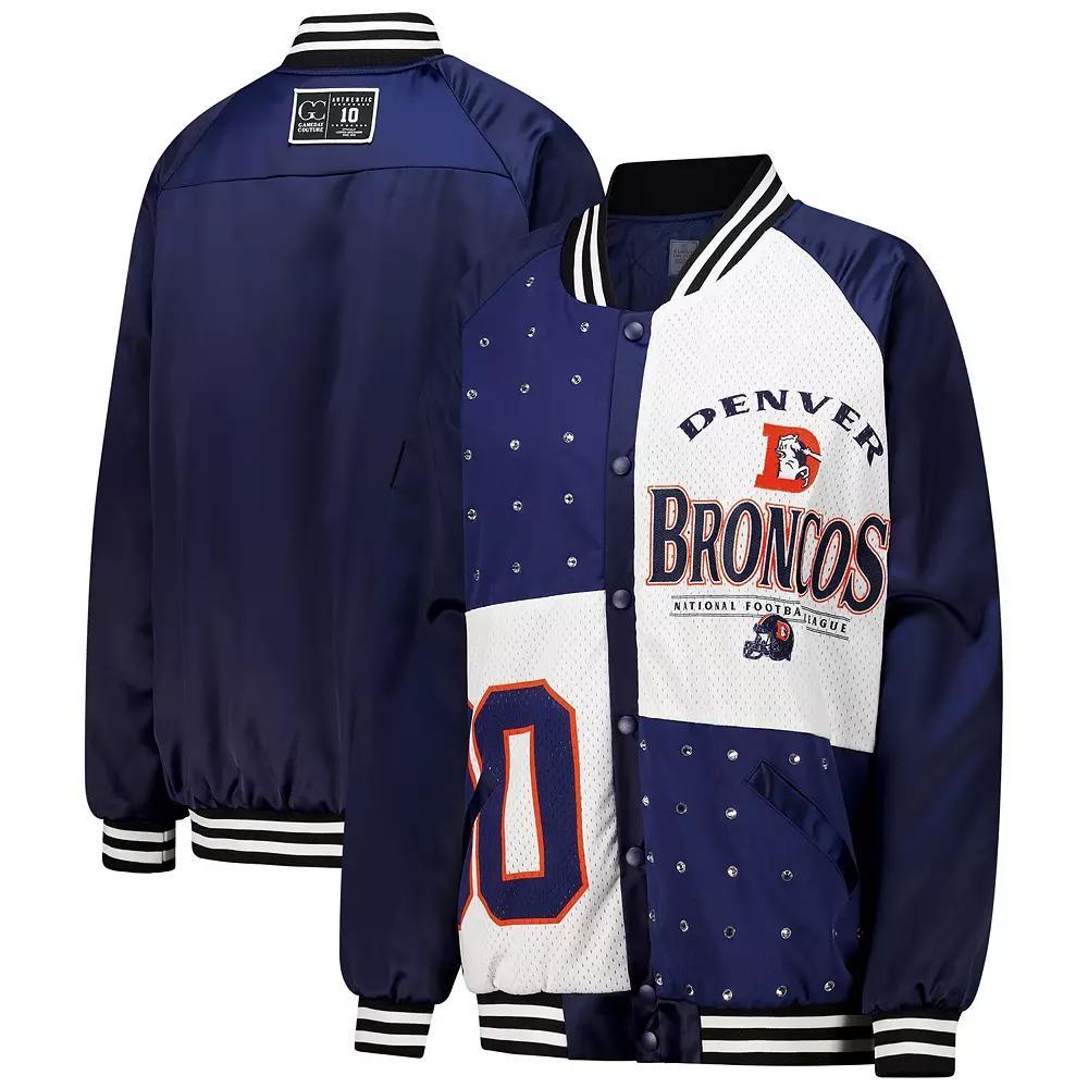Women's Gameday Couture  Navy/White Denver Broncos Oversized Hot Shot Rhinestone Throwback Full-Snap Varsity Bomber Jacket, Size: 2XL, Blue Product Image