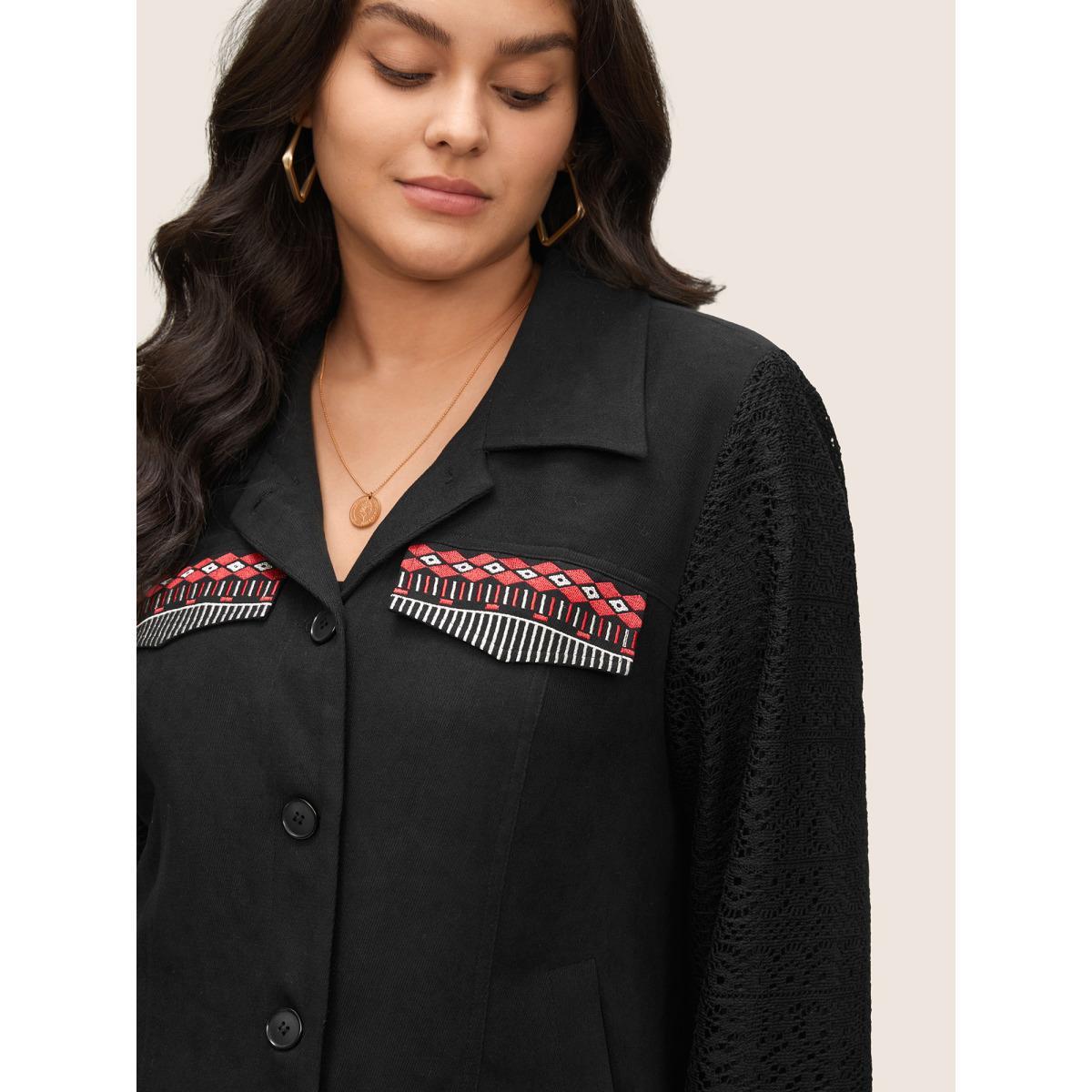 Plus Size Patchwork Embroidered Flap Detail Jacket Women Black Non Slanted pocket Everyday Jackets BloomChic 26/4X Product Image